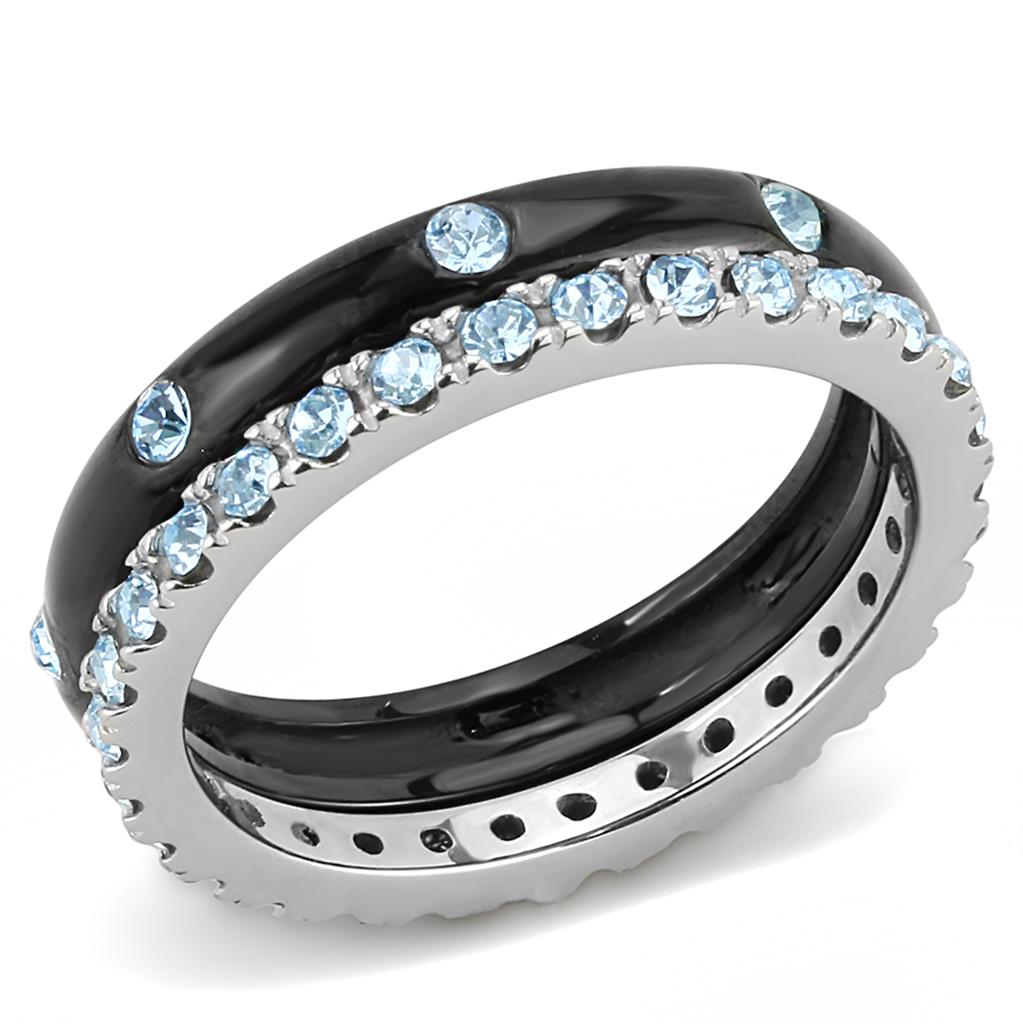 TK3233 - Two-Tone IP Black (Ion Plating) Stainless Steel Ring with Top Grade Crystal in Sea Blue