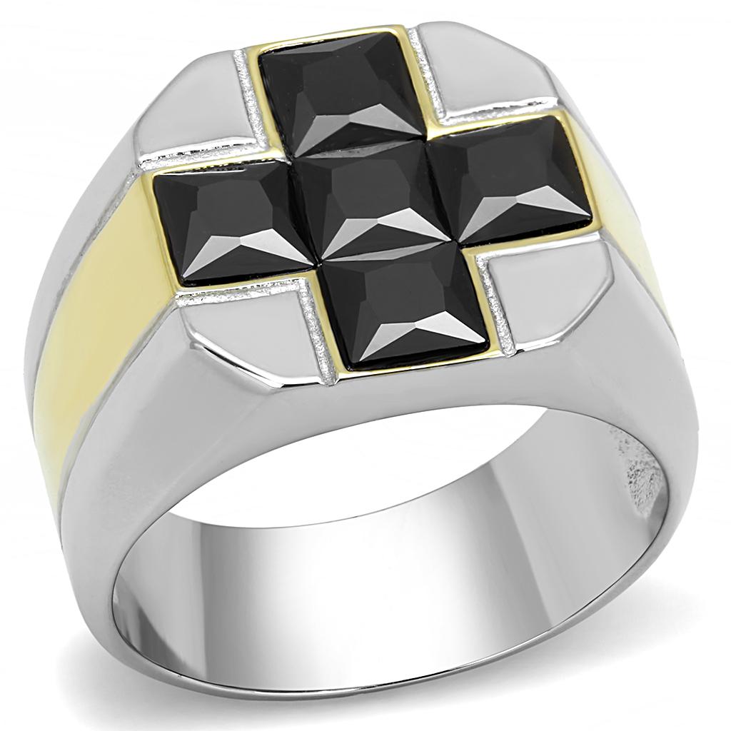 TK3271 - Two-Tone IP Gold (Ion Plating) Stainless Steel Ring with AAA Grade CZ in Black Diamond