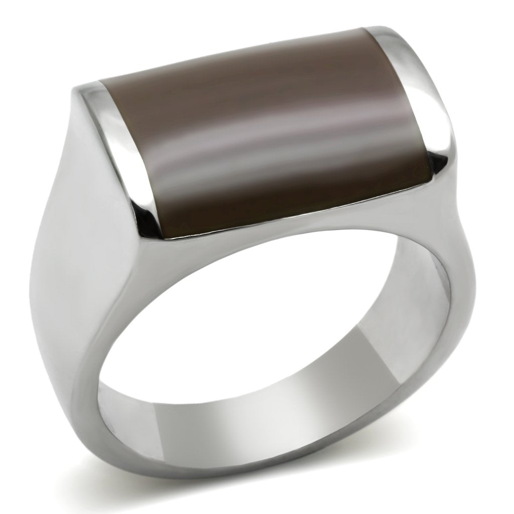 TK327 - High polished (no plating) Stainless Steel Ring with Epoxy in Brown
