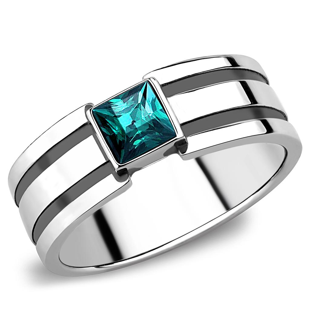 TK3291 - High polished (no plating) Stainless Steel Ring with Top Grade Crystal in Blue Zircon