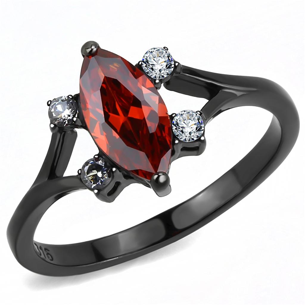 TK3445 - IP Black(Ion Plating) Stainless Steel Ring with AAA Grade CZ in Garnet