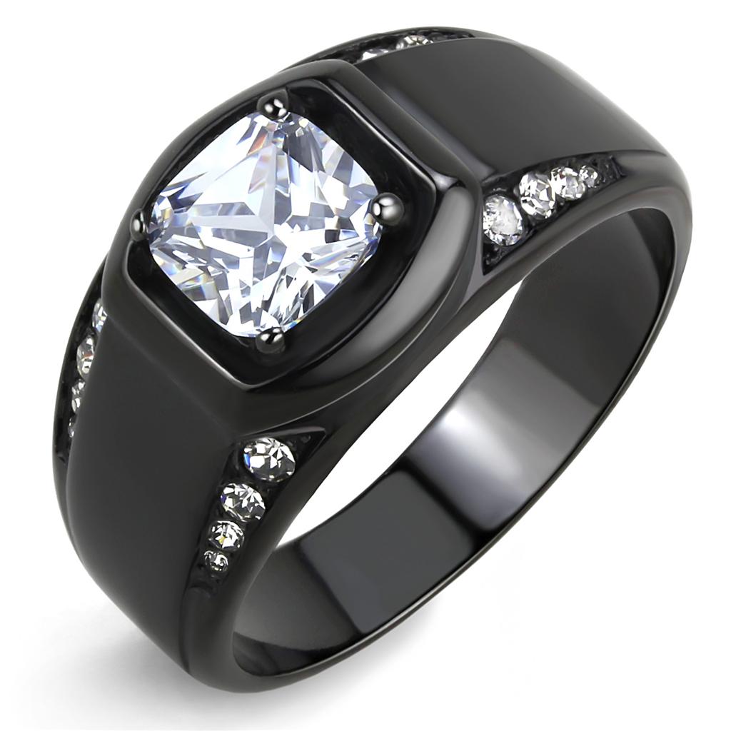 TK3467 - IP Black(Ion Plating) Stainless Steel Ring with AAA Grade CZ in Clear
