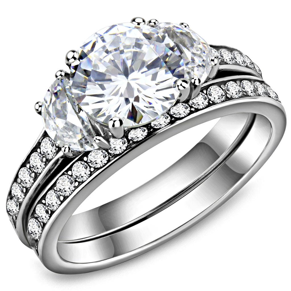 TK3509 - High polished (no plating) Stainless Steel Ring with AAA Grade CZ in Clear