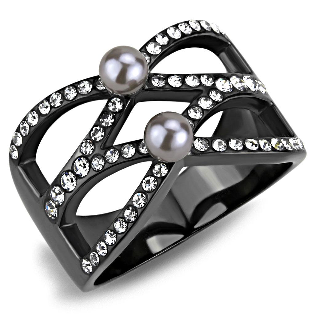 TK3515 - IP Light Black (IP Gun) Stainless Steel Ring with Synthetic Pearl in Gray