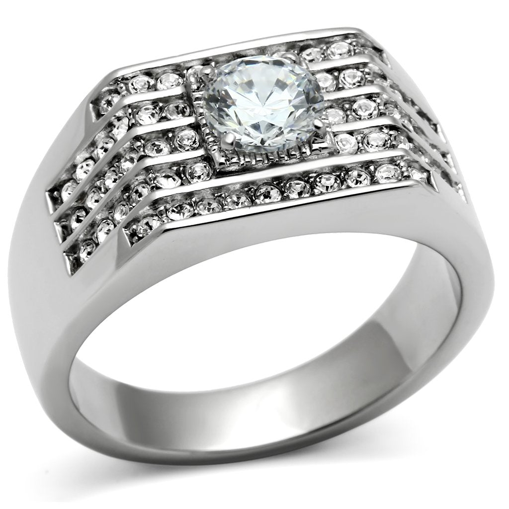 TK351 - High polished (no plating) Stainless Steel Ring with AAA Grade CZ in Clear