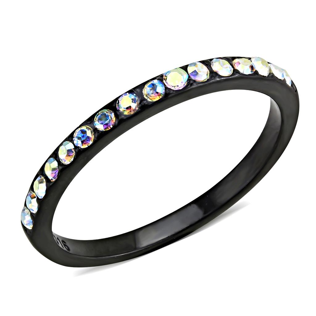 TK3556 - IP Black(Ion Plating) Stainless Steel Ring with Top Grade Crystal in Aurora Borealis (Rainbow Effect)