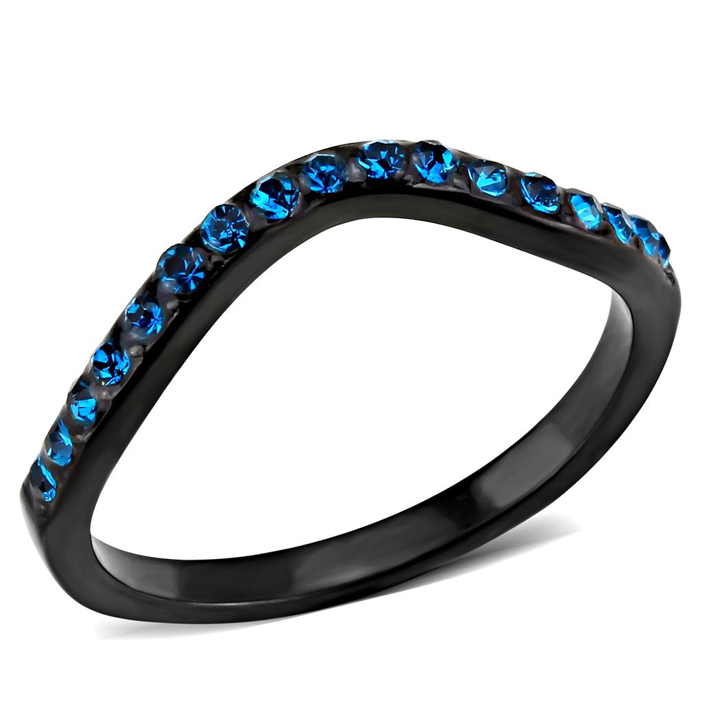 TK3557 - IP Black(Ion Plating) Stainless Steel Ring with Top Grade Crystal in Blue Zircon