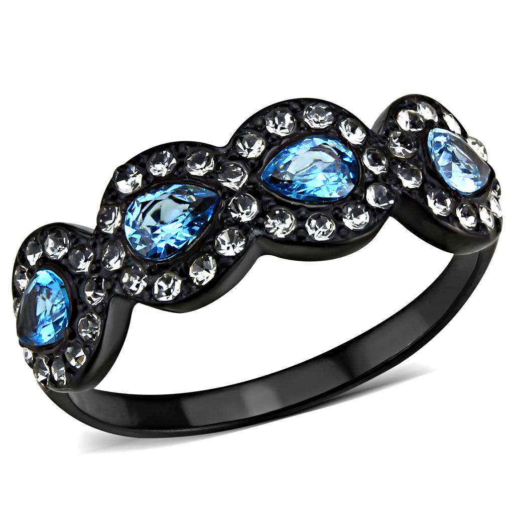 TK3559 - IP Black(Ion Plating) Stainless Steel Ring with AAA Grade CZ in Sea Blue
