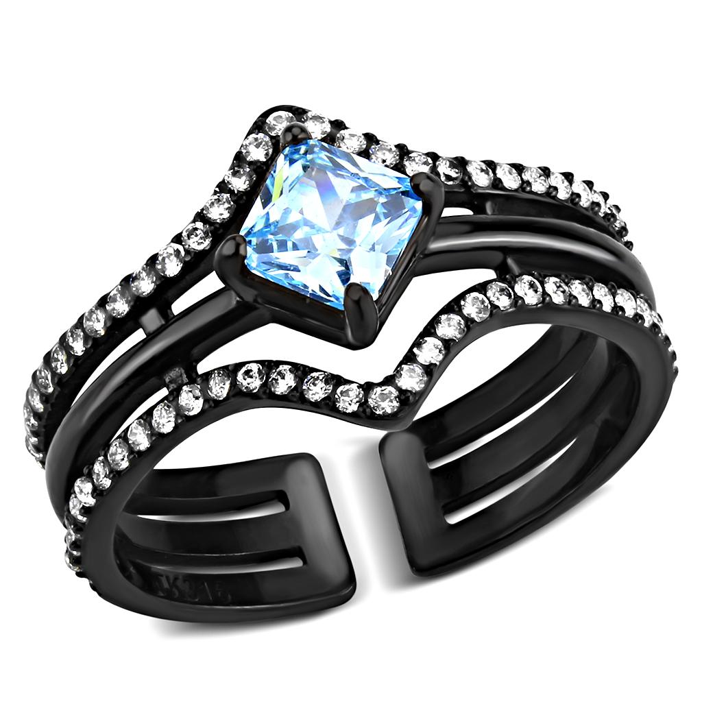 TK3562 - IP Black(Ion Plating) Stainless Steel Ring with AAA Grade CZ in Sea Blue