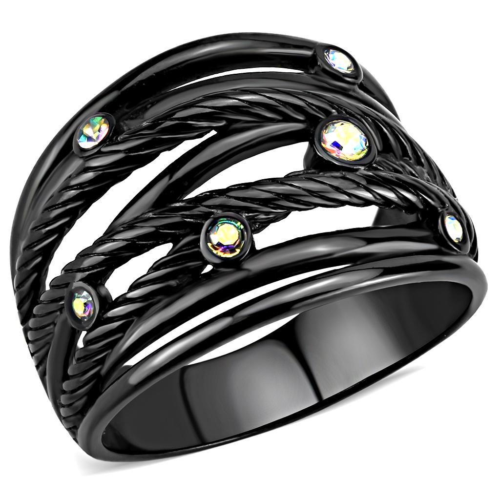 TK3566 - IP Black(Ion Plating) Stainless Steel Ring with Top Grade Crystal in Aurora Borealis (Rainbow Effect)