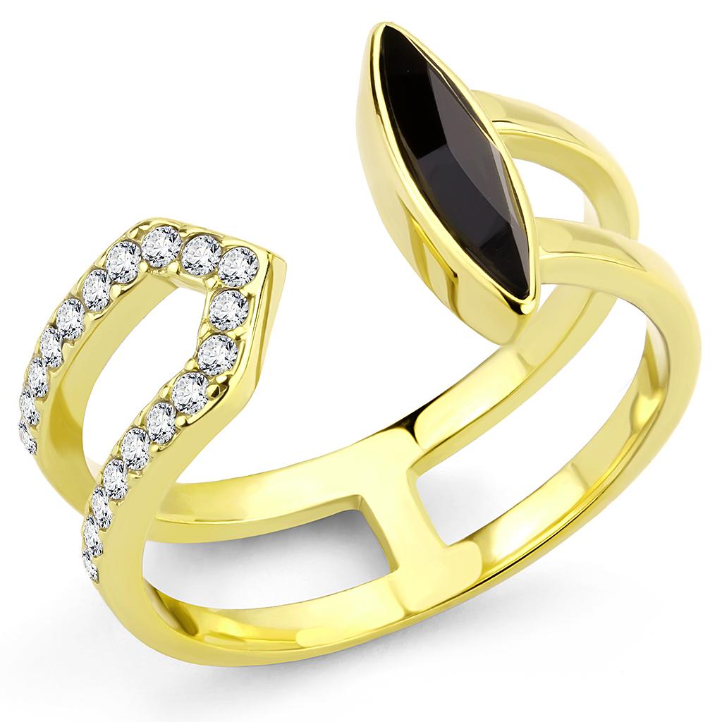 TK3591 - IP Gold(Ion Plating) Stainless Steel Ring with Top Grade Crystal in Jet