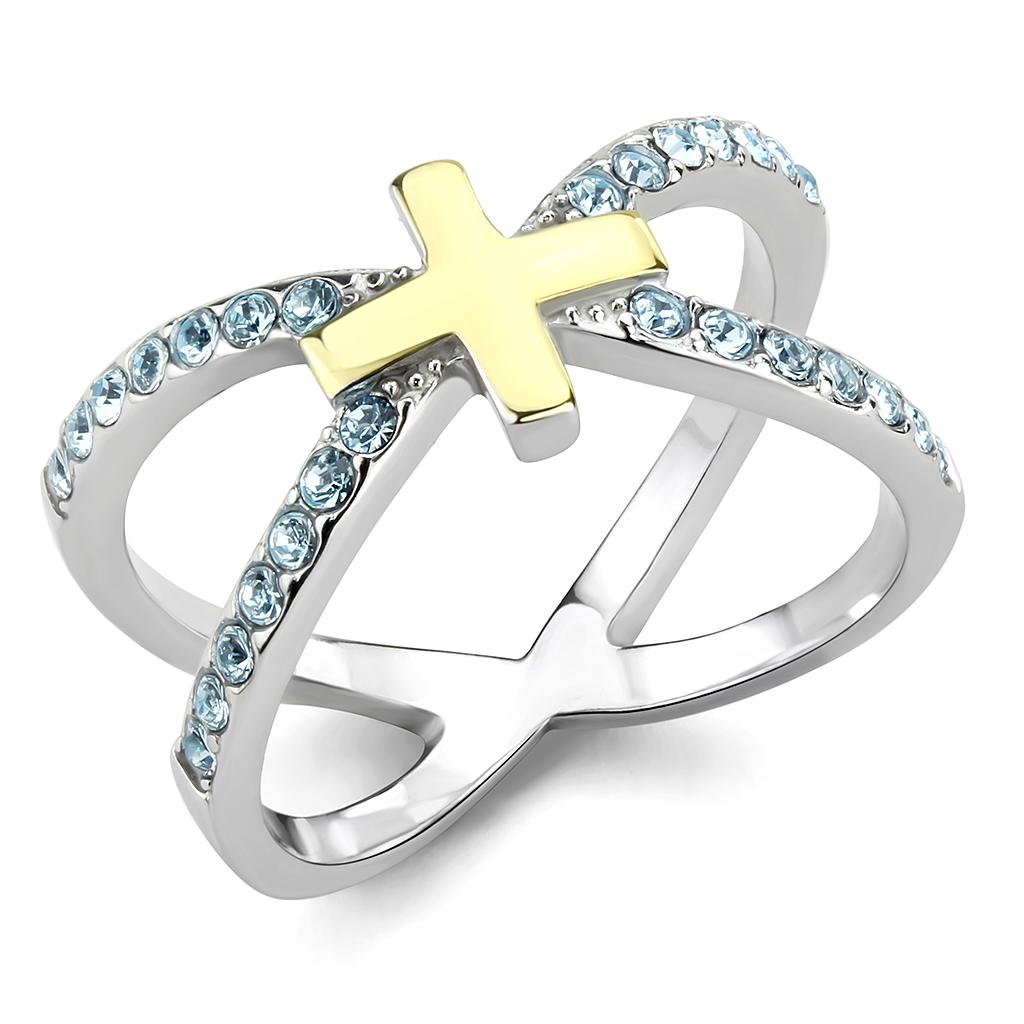TK3636 - Two-Tone IP Gold (Ion Plating) Stainless Steel Ring with Top Grade Crystal in Sea Blue