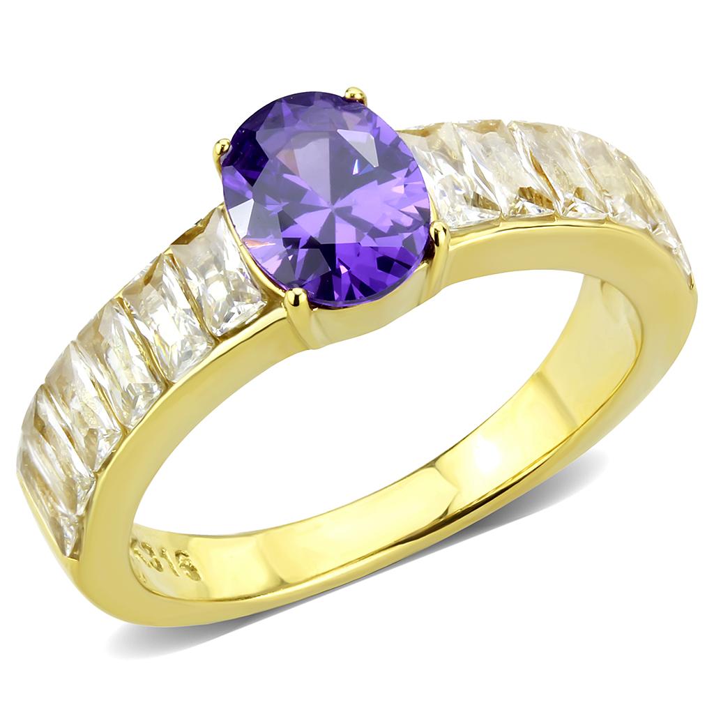 TK3641 - IP Gold(Ion Plating) Stainless Steel Ring with AAA Grade CZ in Tanzanite