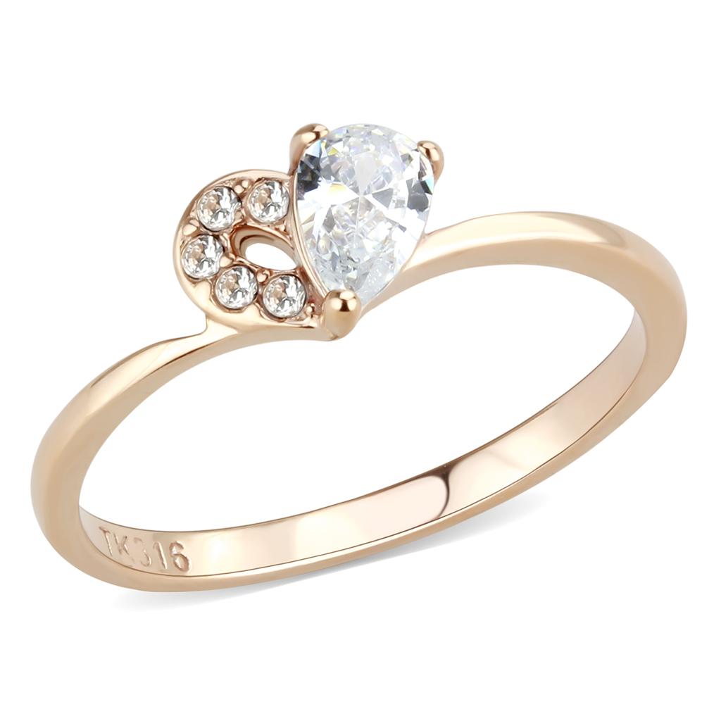 TK3713 - IP Rose Gold(Ion Plating) Stainless Steel Ring with AAA Grade CZ in Clear
