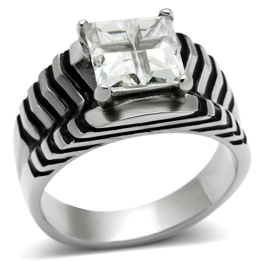 TK393 - High polished (no plating) Stainless Steel Ring with AAA Grade CZ in Clear