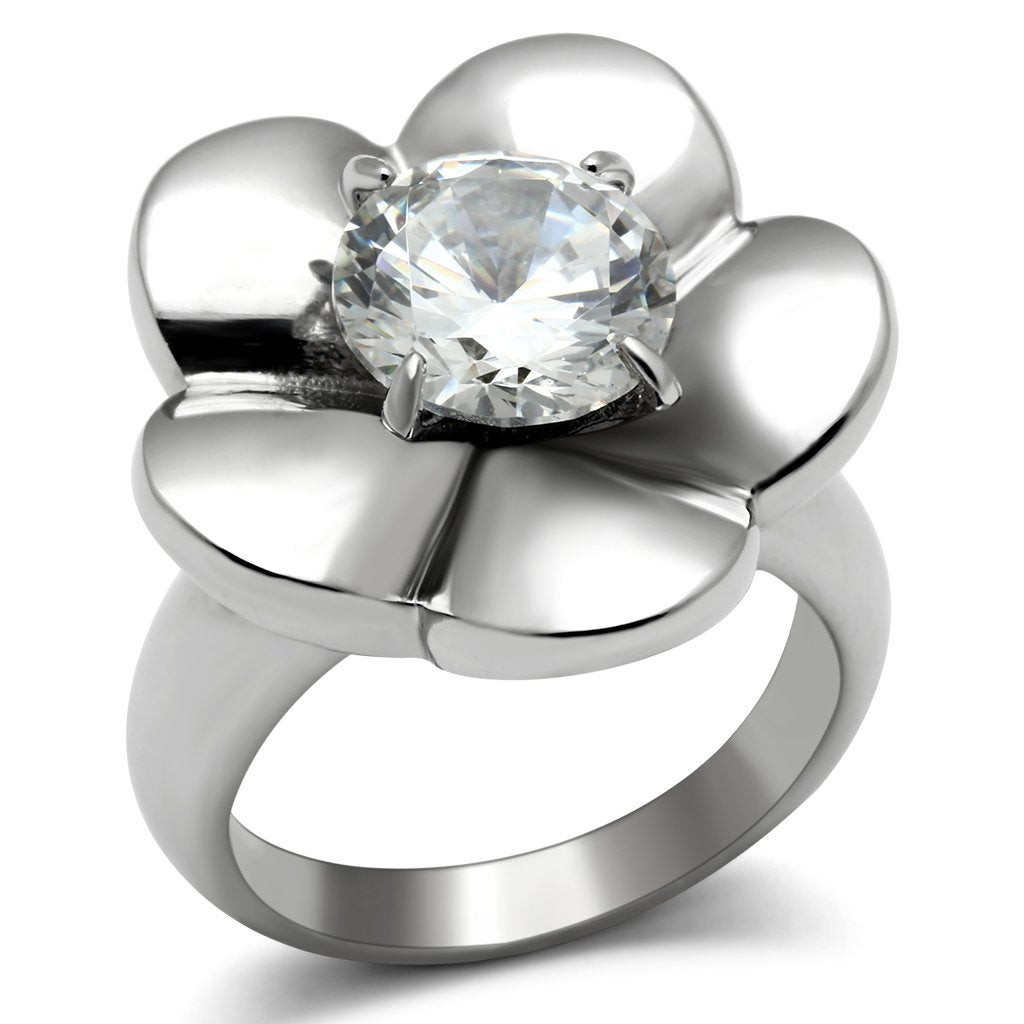 TK477 - High polished (no plating) Stainless Steel Ring with AAA Grade CZ in Clear