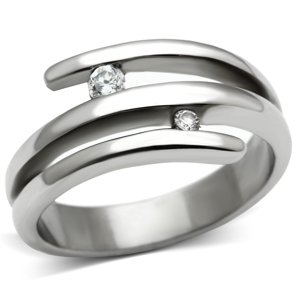 TK478 - High polished (no plating) Stainless Steel Ring with AAA Grade CZ in Clear