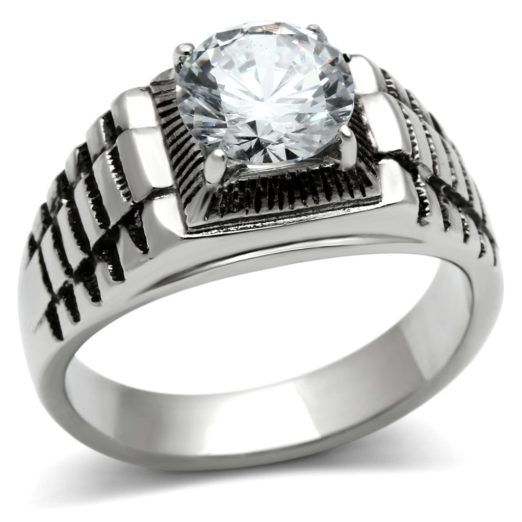 TK485 - High polished (no plating) Stainless Steel Ring with AAA Grade CZ in Clear