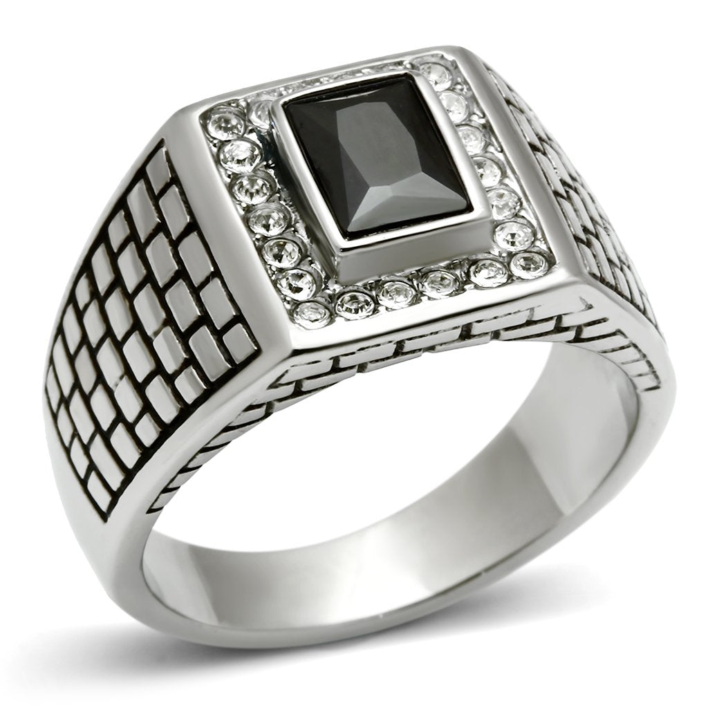 TK494 - High polished (no plating) Stainless Steel Ring with AAA Grade CZ in Jet