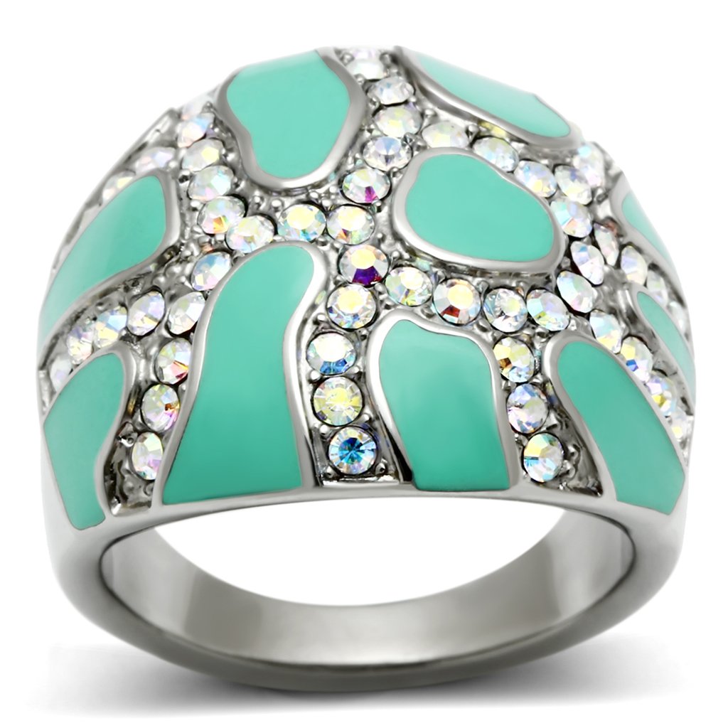 TK507 - High polished (no plating) Stainless Steel Ring with Top Grade Crystal in Aurora Borealis (Rainbow Effect)