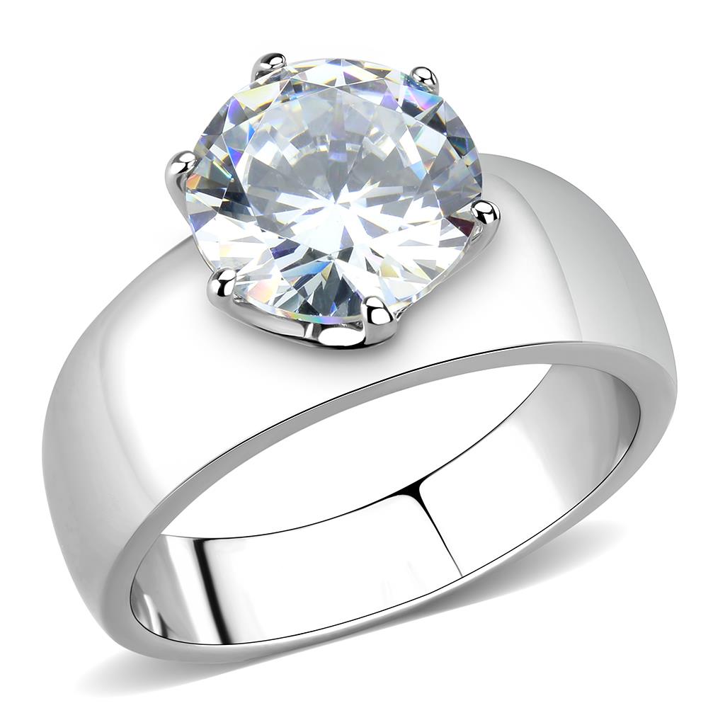 TK52004 - High polished (no plating) Stainless Steel Ring with AAA Grade CZ in Clear