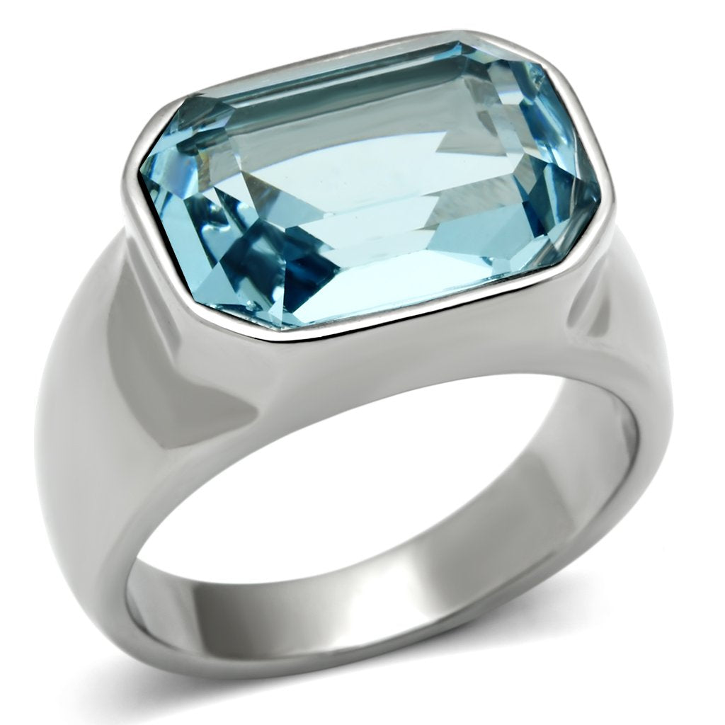 TK527 - High polished (no plating) Stainless Steel Ring with Top Grade Crystal in Sea Blue