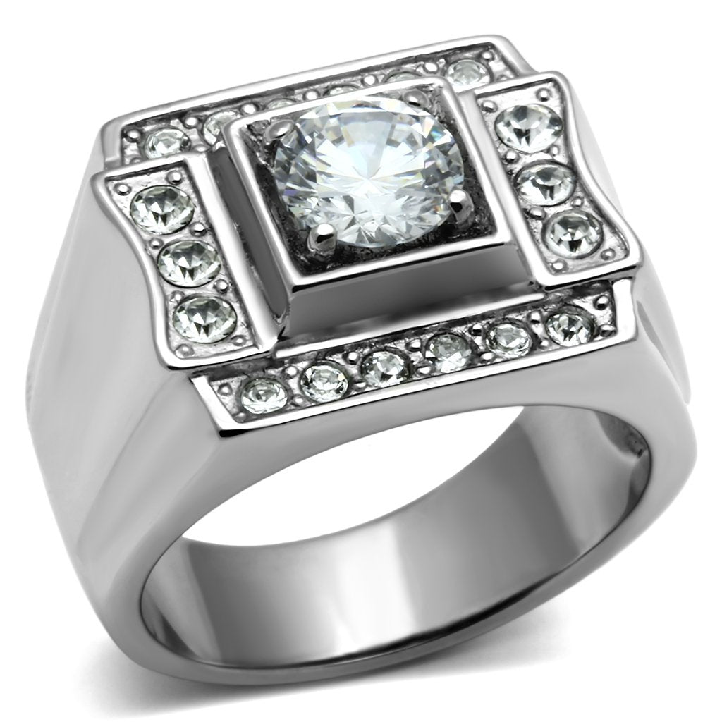 TK593 - High polished (no plating) Stainless Steel Ring with AAA Grade CZ in Clear