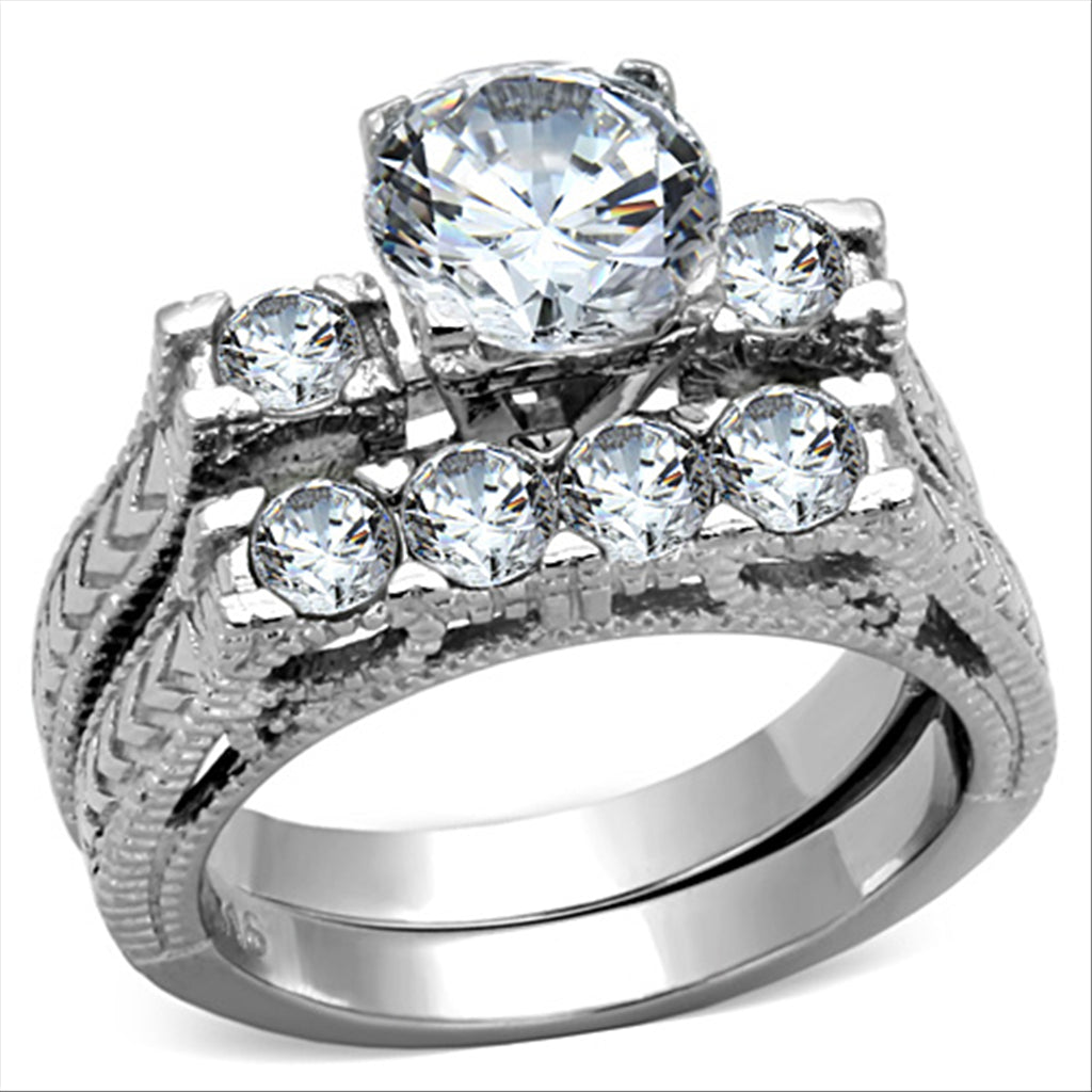 TK5X019 - High polished (no plating) Stainless Steel Ring with AAA Grade CZ in Clear