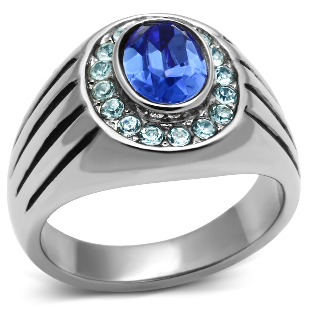 TK601 - High polished (no plating) Stainless Steel Ring with Top Grade Crystal in Sapphire
