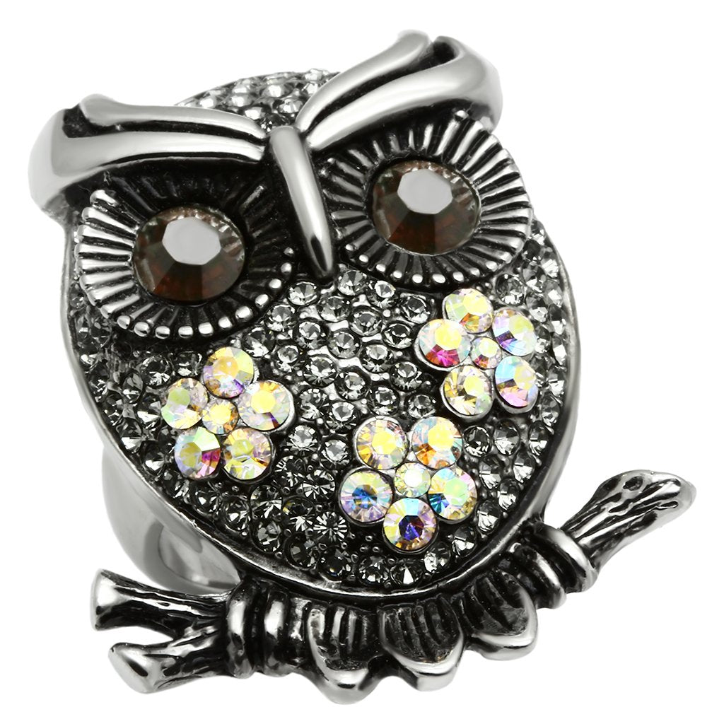 TK603 - High polished (no plating) Stainless Steel Ring with Top Grade Crystal in Smoked Quartz