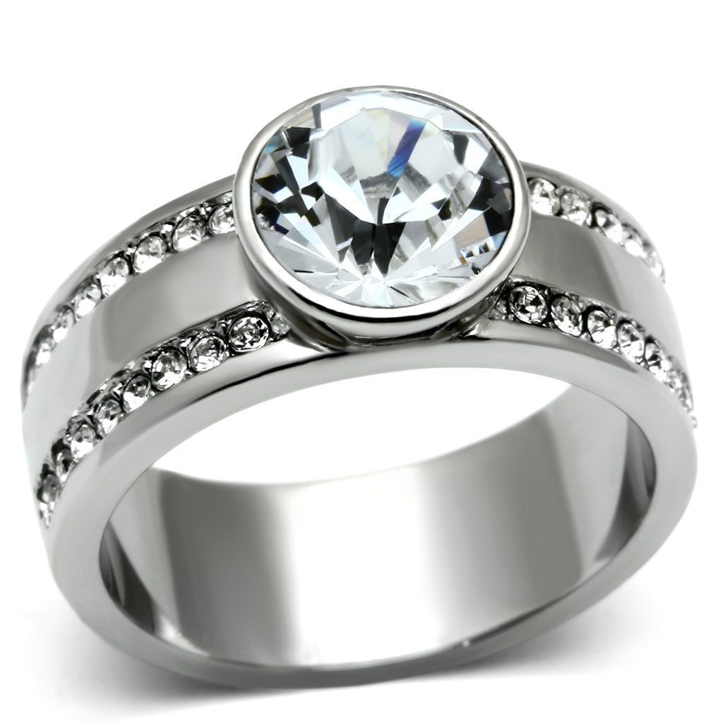 TK646 - High polished (no plating) Stainless Steel Ring with Top Grade Crystal in Clear