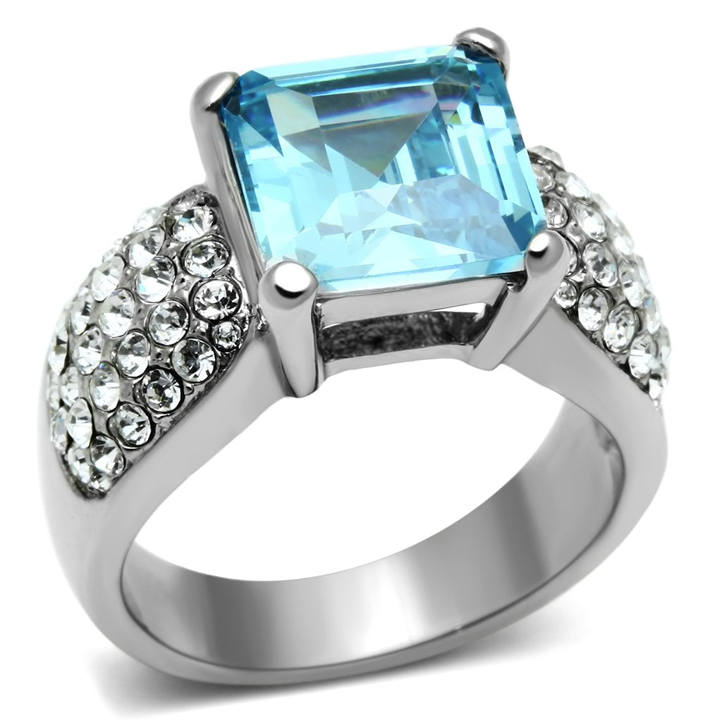 TK648 - High polished (no plating) Stainless Steel Ring with Top Grade Crystal in Sea Blue