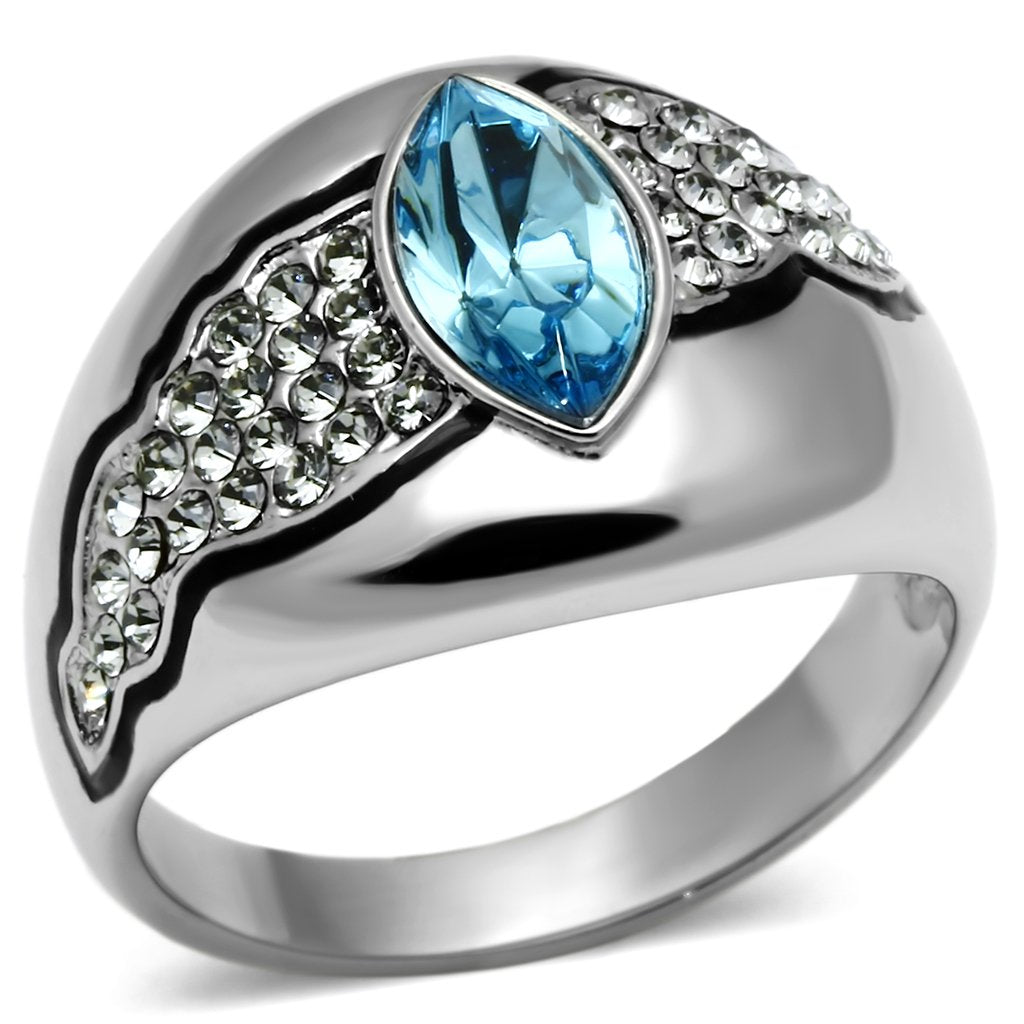 TK659 - High polished (no plating) Stainless Steel Ring with Top Grade Crystal in Sea Blue