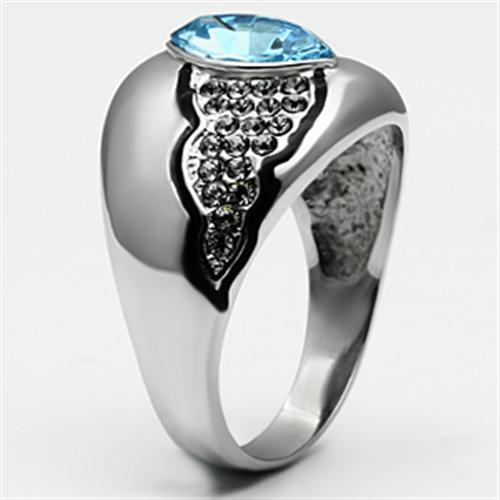 TK659 - High polished (no plating) Stainless Steel Ring with Top Grade Crystal in Sea Blue