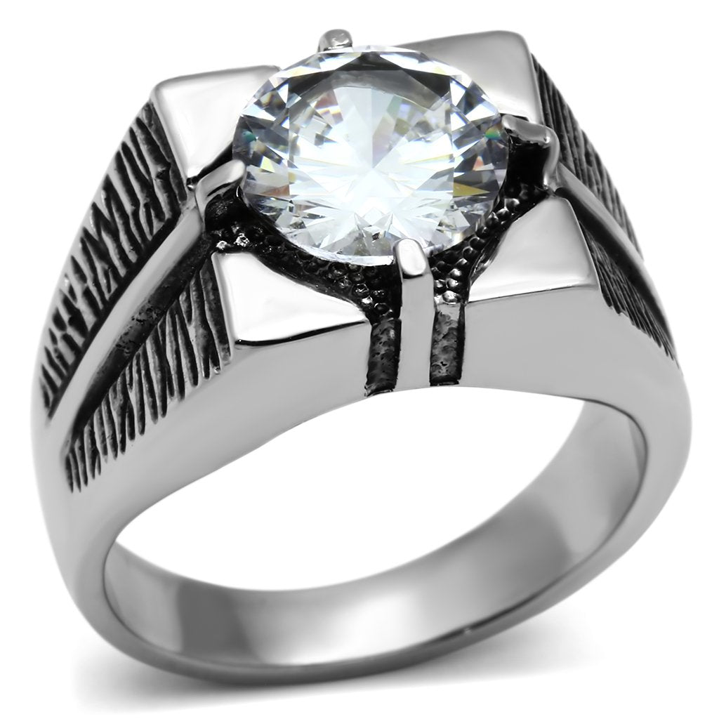 TK701 - High polished (no plating) Stainless Steel Ring with AAA Grade CZ in Clear