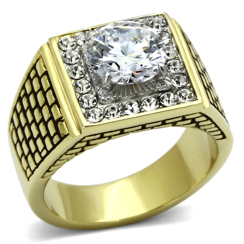 TK735 - Two-Tone IP Gold (Ion Plating) Stainless Steel Ring with AAA Grade CZ in Clear