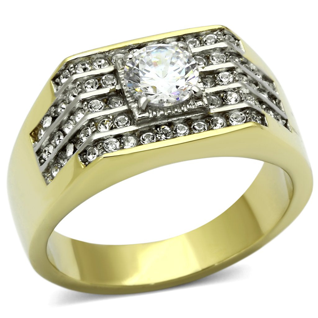 TK737 - Two-Tone IP Gold (Ion Plating) Stainless Steel Ring with AAA Grade CZ in Clear