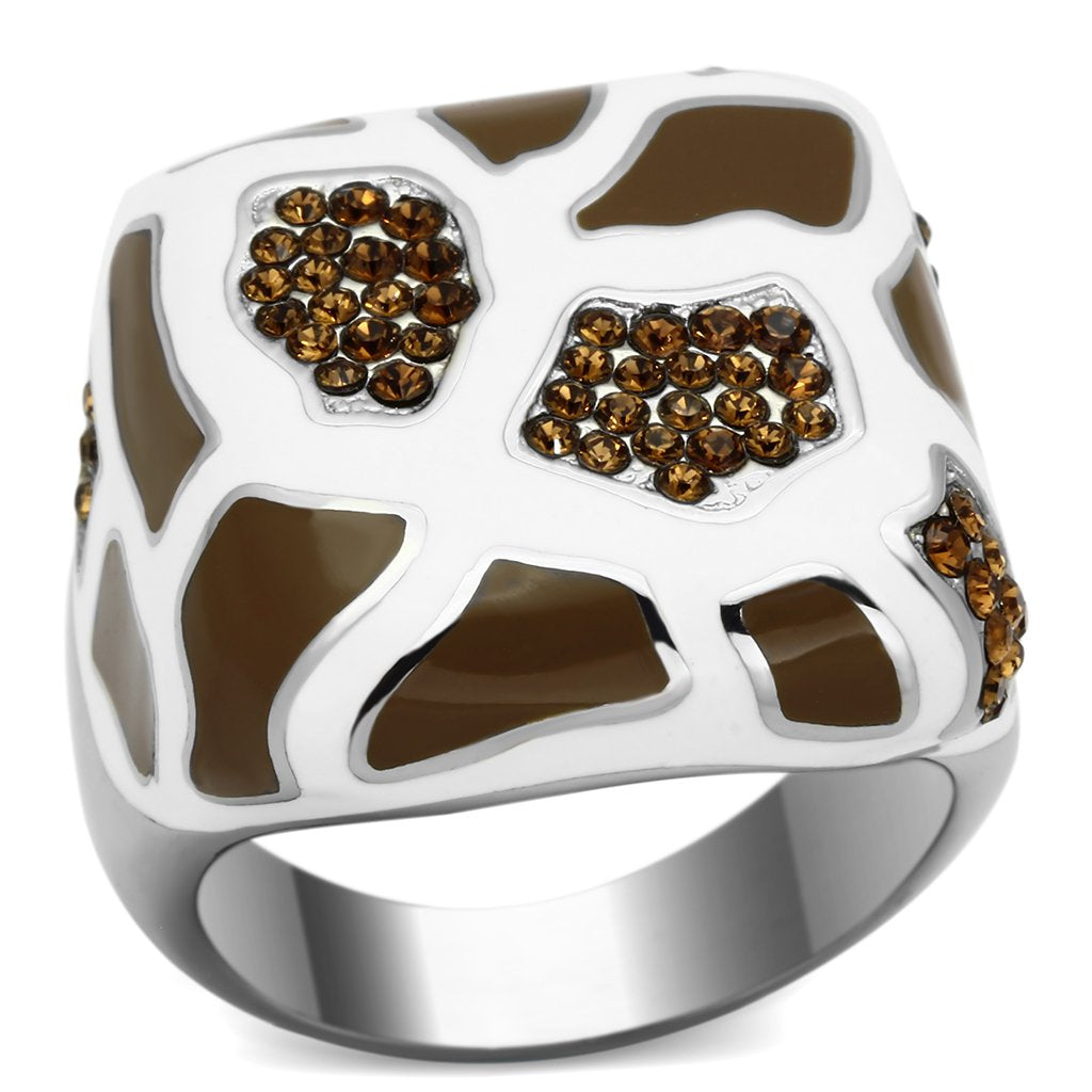 TK847 - High polished (no plating) Stainless Steel Ring with Top Grade Crystal in Smoked Quartz