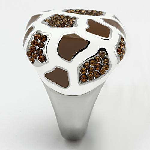 TK847 - High polished (no plating) Stainless Steel Ring with Top Grade Crystal in Smoked Quartz