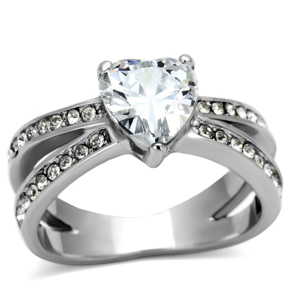 TK851 - High polished (no plating) Stainless Steel Ring with AAA Grade CZ in Clear