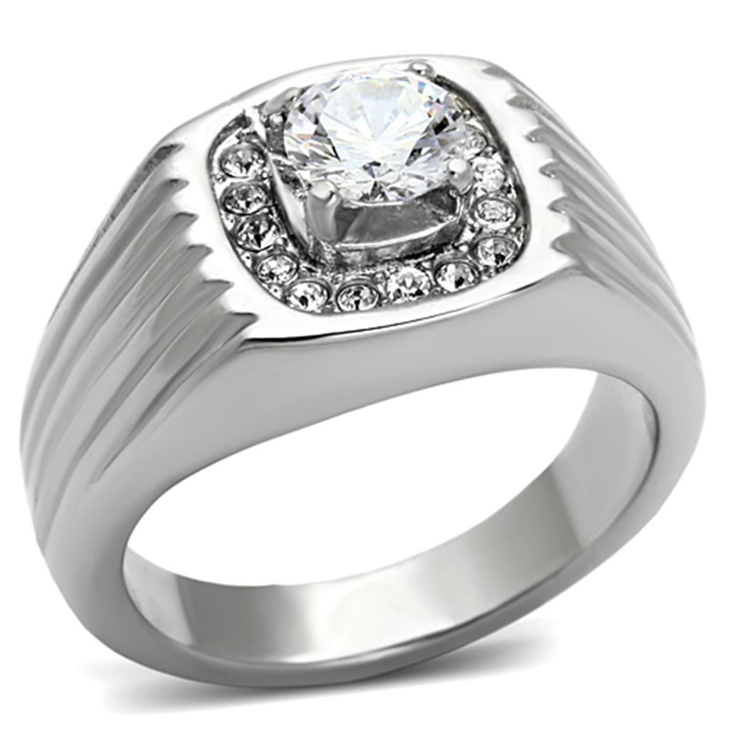 TK943 - High polished (no plating) Stainless Steel Ring with AAA Grade CZ in Clear