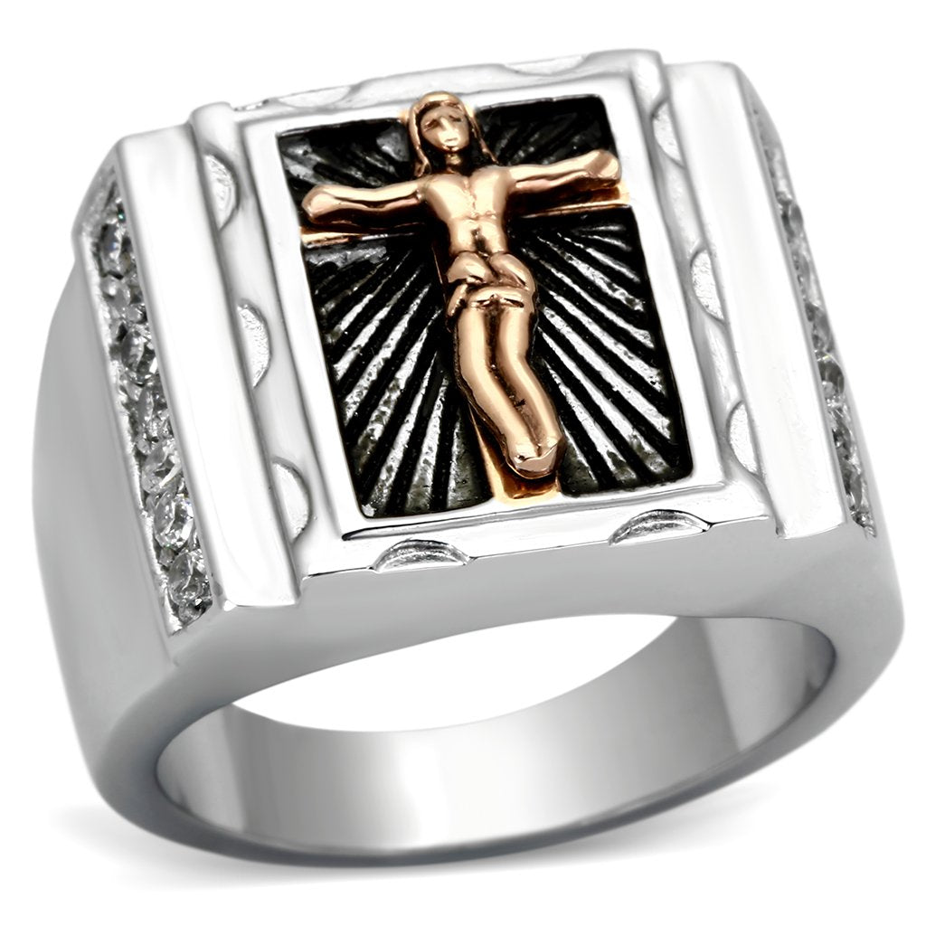 TK951 - Two-Tone IP Rose Gold Stainless Steel Ring with AAA Grade CZ in Clear