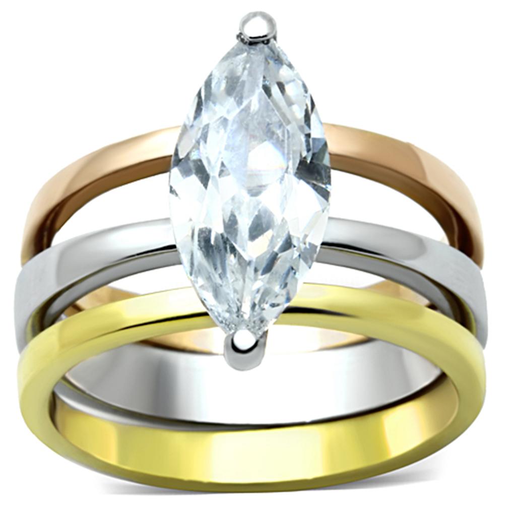TK964 - Three Tone IP (IP Gold & IP Rose Gold & High Polished) Stainless Steel Ring with AAA Grade CZ in Clear