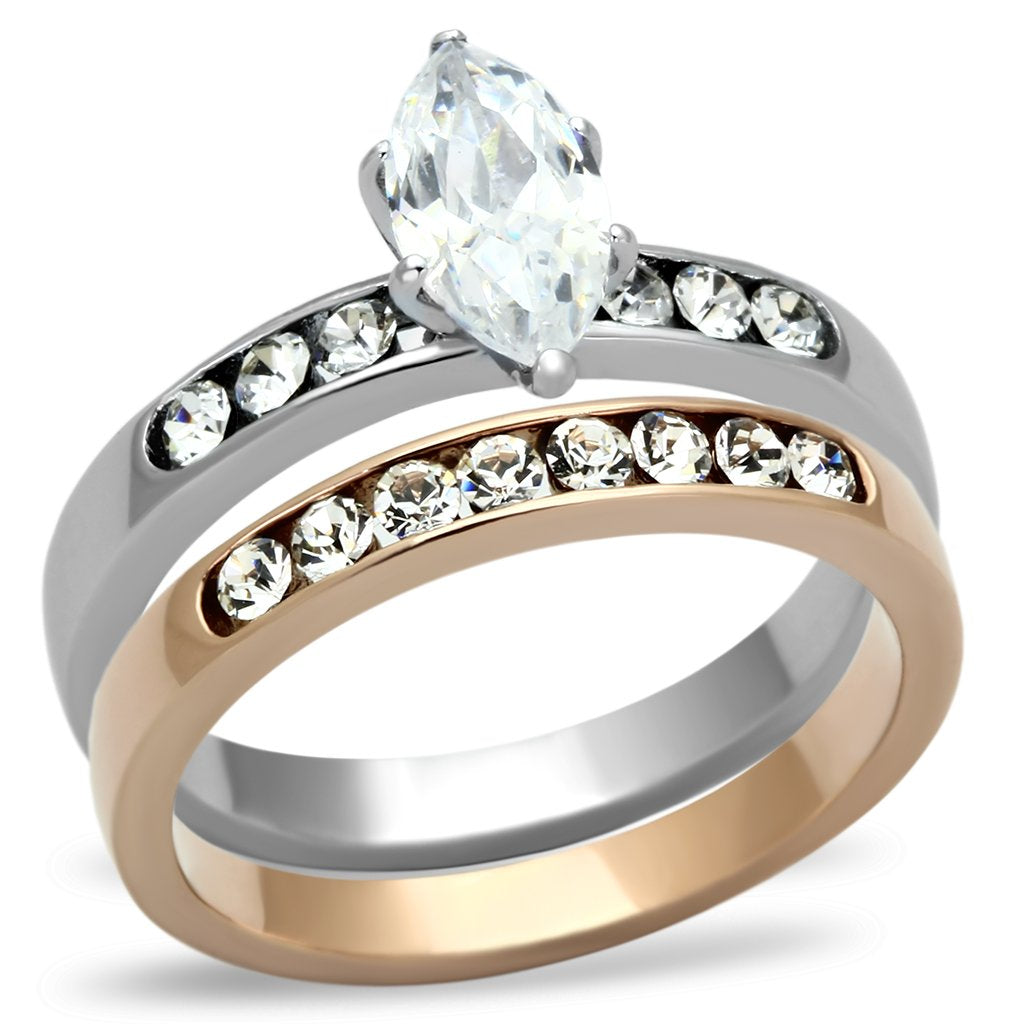 TK965 - Two-Tone IP Rose Gold Stainless Steel Ring with AAA Grade CZ in Clear