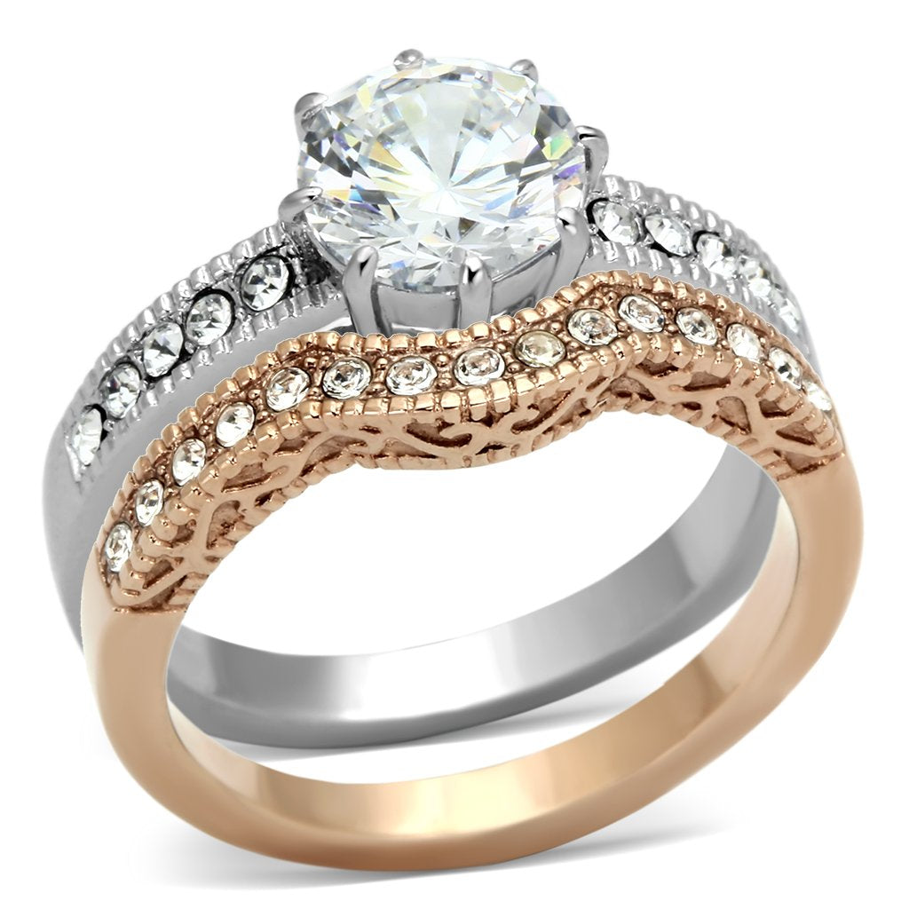 TK966 - Two-Tone IP Rose Gold Stainless Steel Ring with AAA Grade CZ in Clear