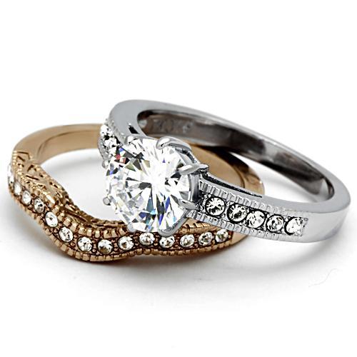 TK966 - Two-Tone IP Rose Gold Stainless Steel Ring with AAA Grade CZ in Clear