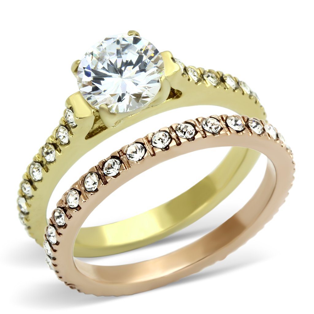 TK968 - IP Gold & IP Rose Gold (Ion Plating) Stainless Steel Ring with AAA Grade CZ in Clear