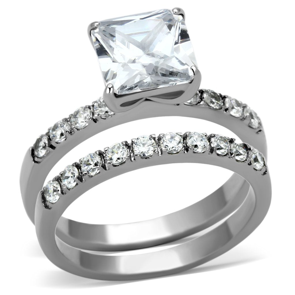 TK975 - High polished (no plating) Stainless Steel Ring with AAA Grade CZ in Clear