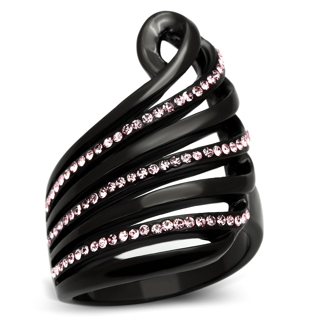 TK977 - IP Black(Ion Plating) Stainless Steel Ring with Top Grade Crystal in Light Rose