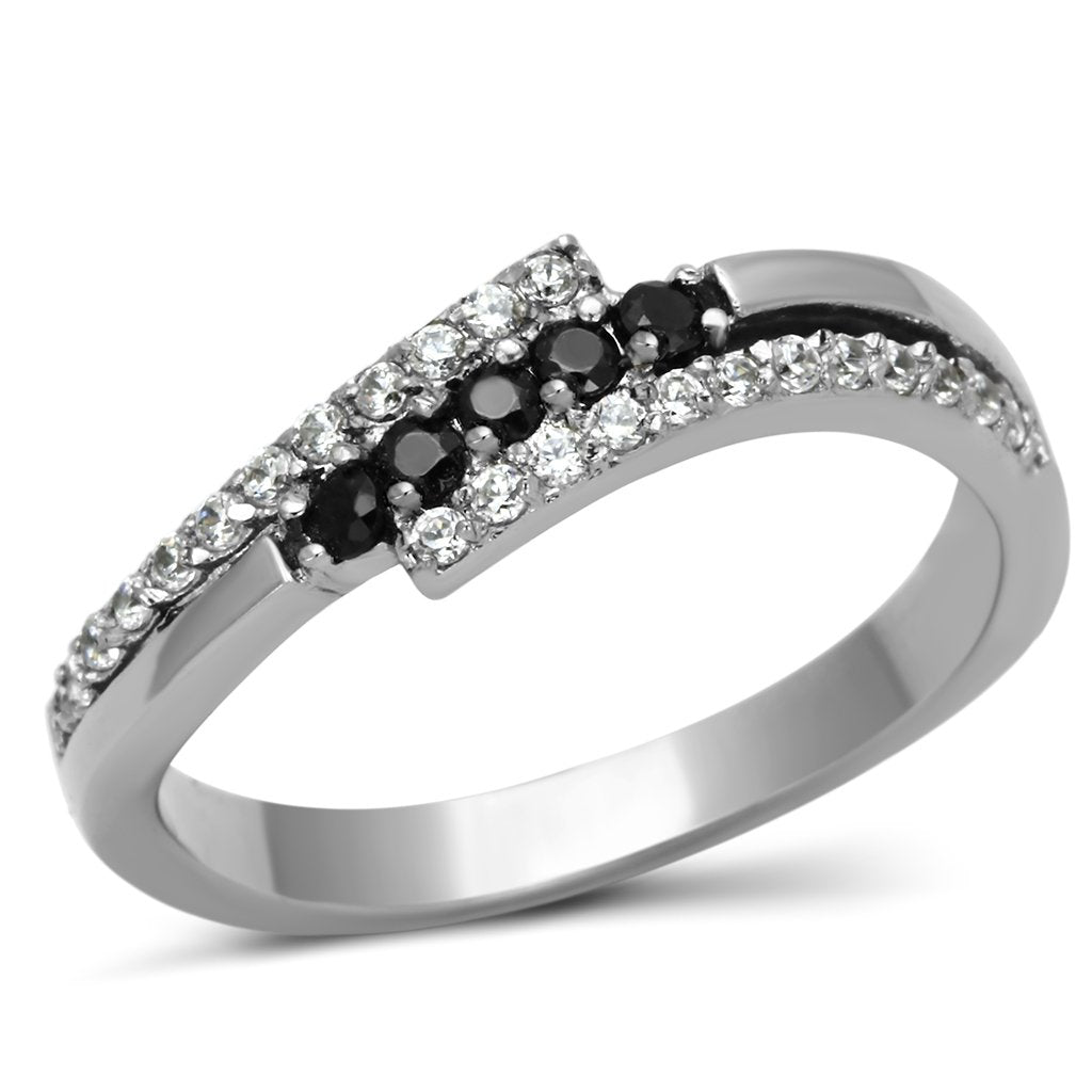 TK996 - High polished (no plating) Stainless Steel Ring with AAA Grade CZ in Black Diamond